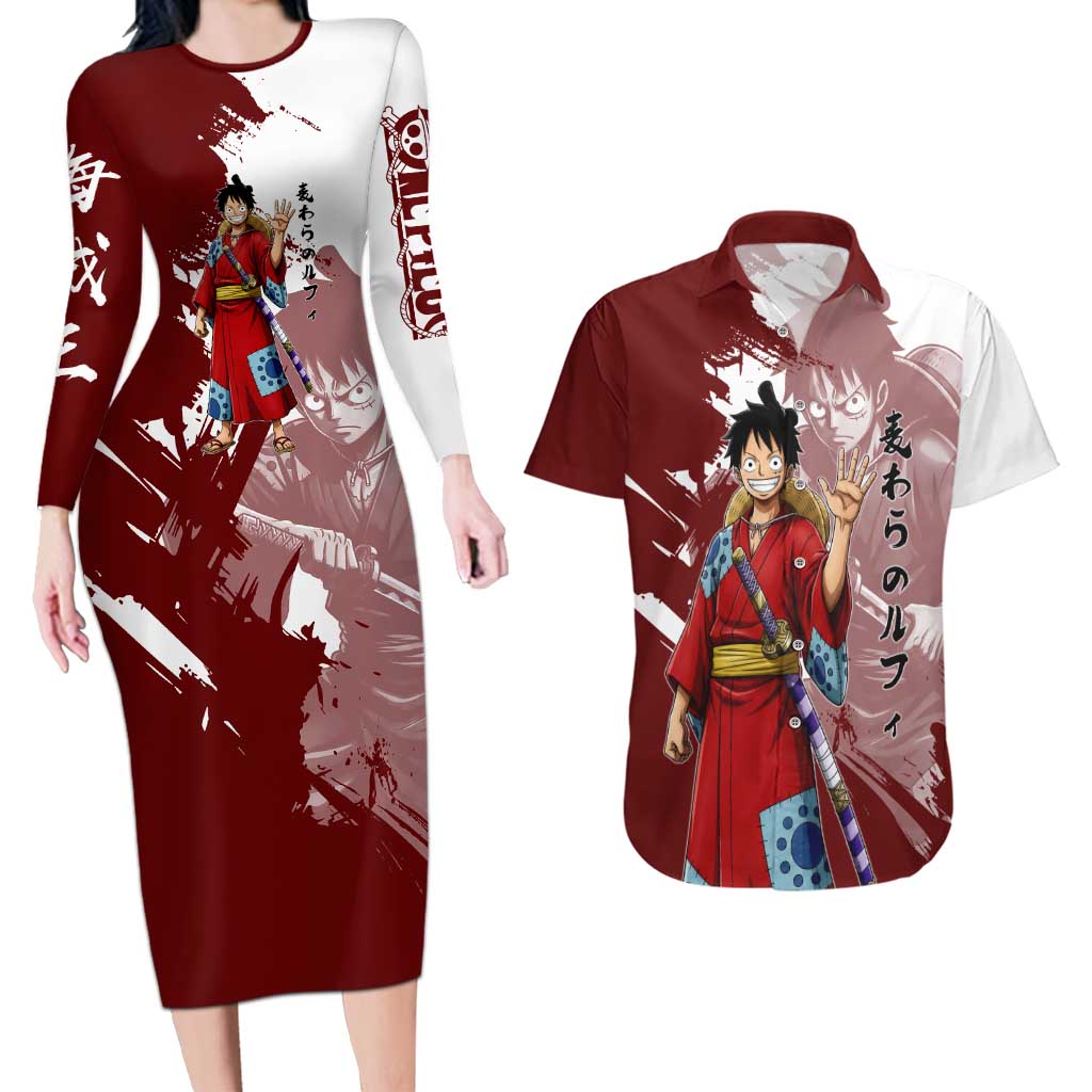 Wano Samurai Luffy Couples Matching Long Sleeve Bodycon Dress and Hawaiian Shirt One Piece Warrior Straw Hat