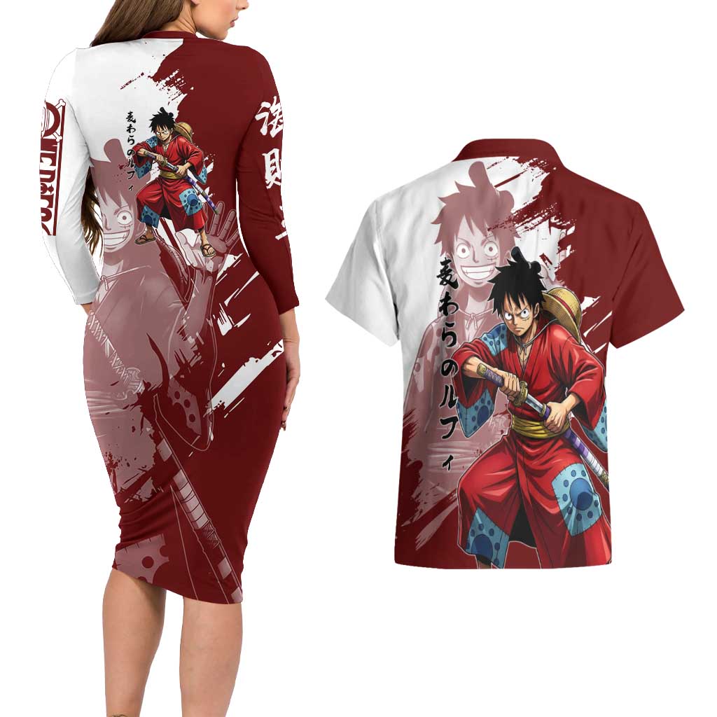Wano Samurai Luffy Couples Matching Long Sleeve Bodycon Dress and Hawaiian Shirt One Piece Warrior Straw Hat