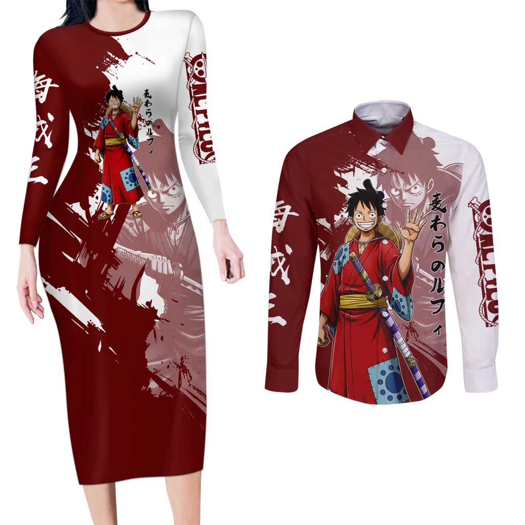 Wano Samurai Luffy Couples Matching Long Sleeve Bodycon Dress and Long Sleeve Button Shirt One Piece Warrior Straw Hat
