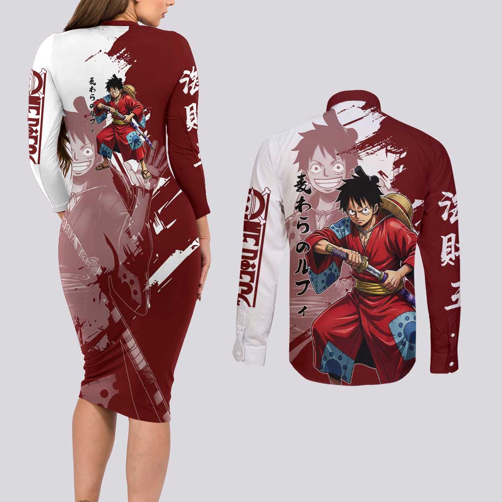 Wano Samurai Luffy Couples Matching Long Sleeve Bodycon Dress and Long Sleeve Button Shirt One Piece Warrior Straw Hat