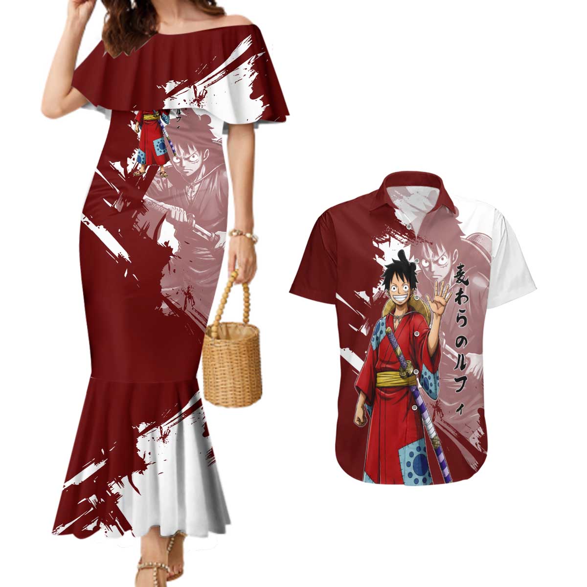 Wano Samurai Luffy Couples Matching Mermaid Dress and Hawaiian Shirt One Piece Warrior Straw Hat