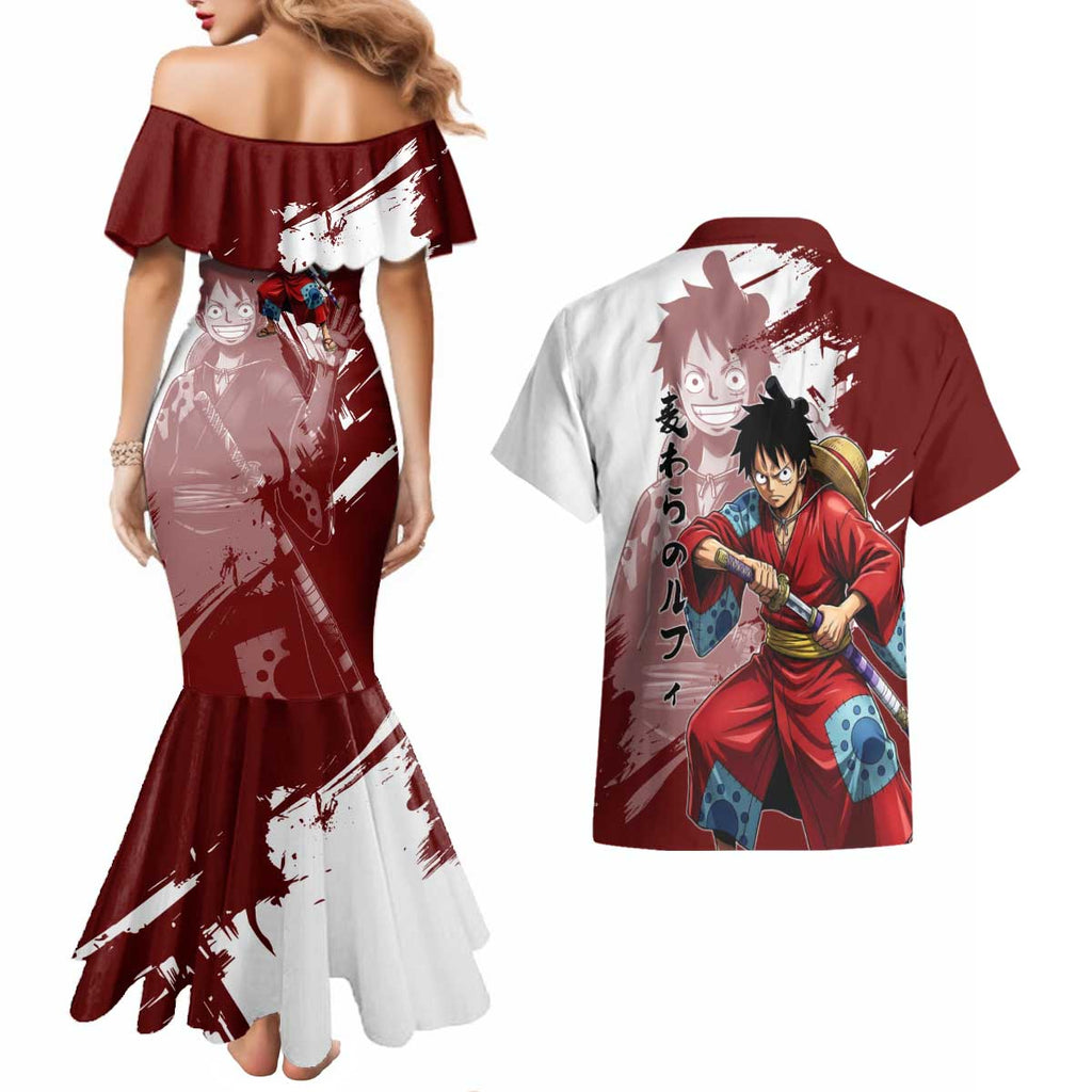 Wano Samurai Luffy Couples Matching Mermaid Dress and Hawaiian Shirt One Piece Warrior Straw Hat