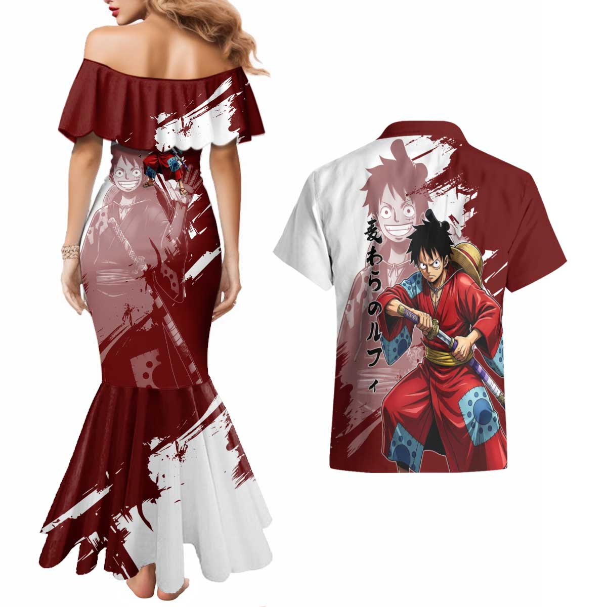 Wano Samurai Luffy Couples Matching Mermaid Dress and Hawaiian Shirt One Piece Warrior Straw Hat