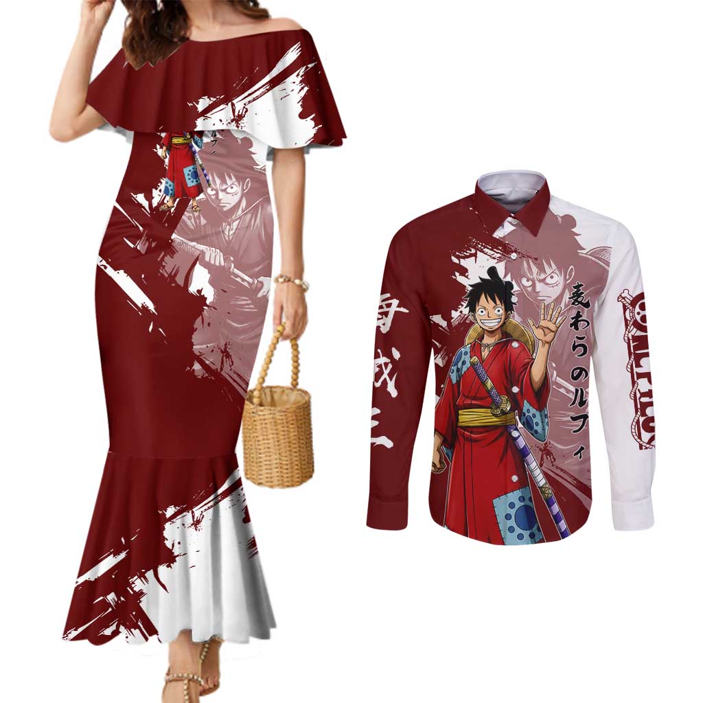 Wano Samurai Luffy Couples Matching Mermaid Dress and Long Sleeve Button Shirt One Piece Warrior Straw Hat