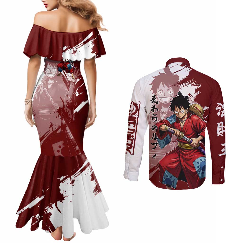 Wano Samurai Luffy Couples Matching Mermaid Dress and Long Sleeve Button Shirt One Piece Warrior Straw Hat