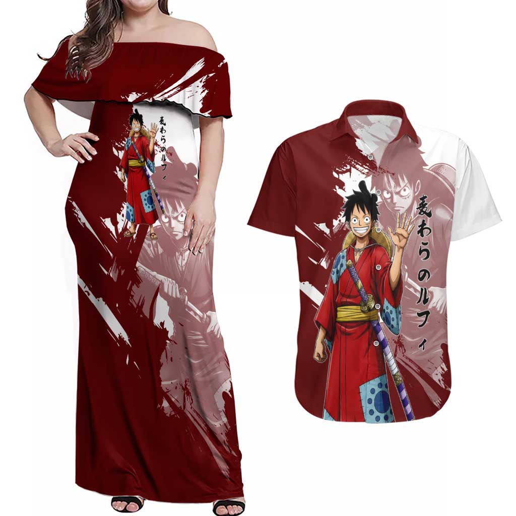 Wano Samurai Luffy Couples Matching Off Shoulder Maxi Dress and Hawaiian Shirt One Piece Warrior Straw Hat