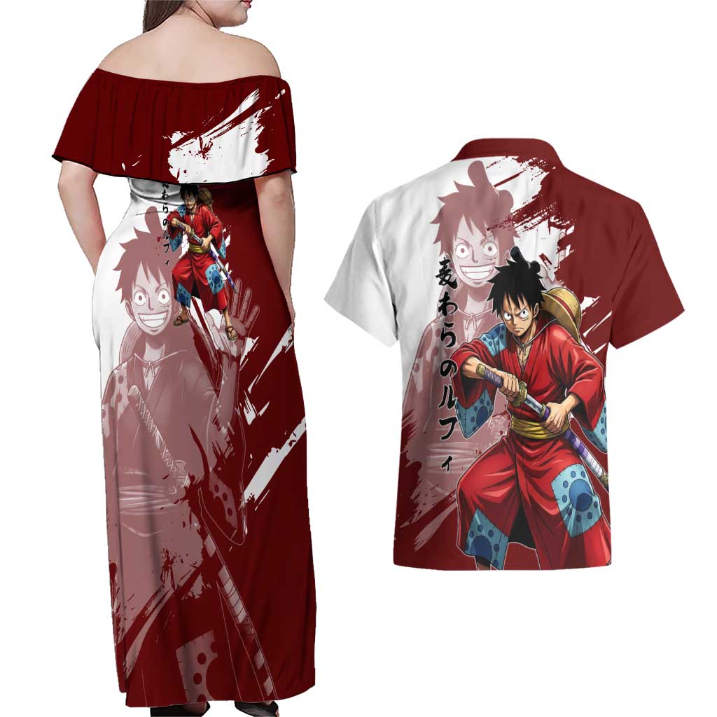 Wano Samurai Luffy Couples Matching Off Shoulder Maxi Dress and Hawaiian Shirt One Piece Warrior Straw Hat