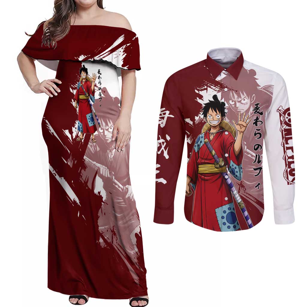 Wano Samurai Luffy Couples Matching Off Shoulder Maxi Dress and Long Sleeve Button Shirt One Piece Warrior Straw Hat