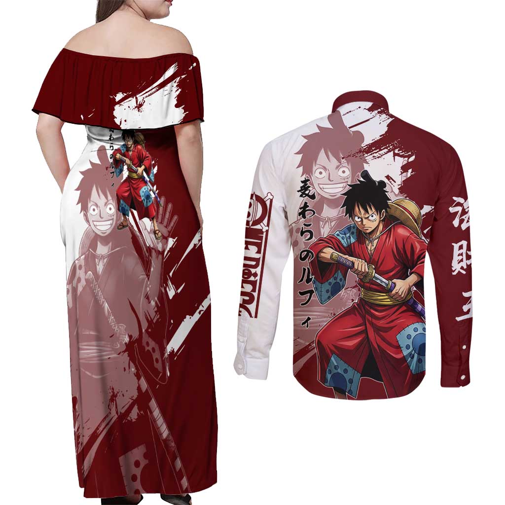 Wano Samurai Luffy Couples Matching Off Shoulder Maxi Dress and Long Sleeve Button Shirt One Piece Warrior Straw Hat