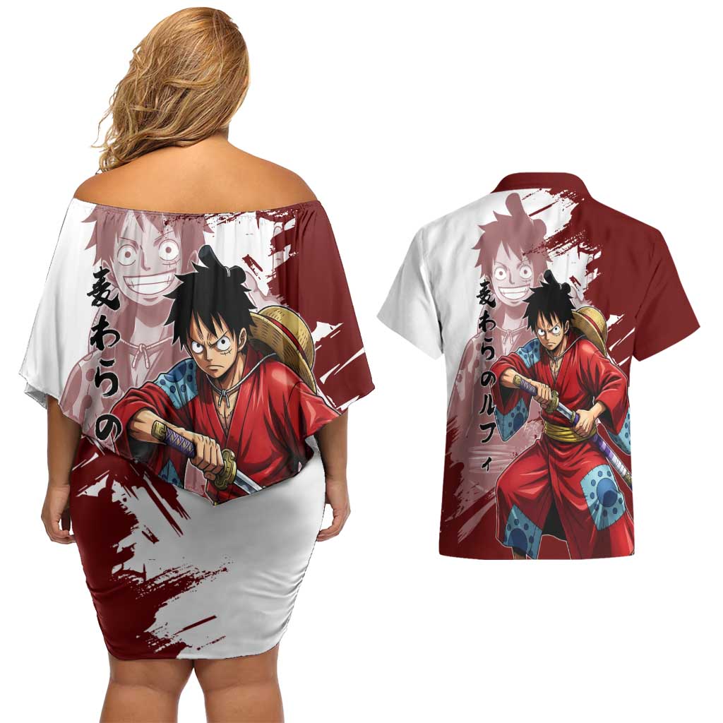 Wano Samurai Luffy Couples Matching Off Shoulder Short Dress and Hawaiian Shirt One Piece Warrior Straw Hat