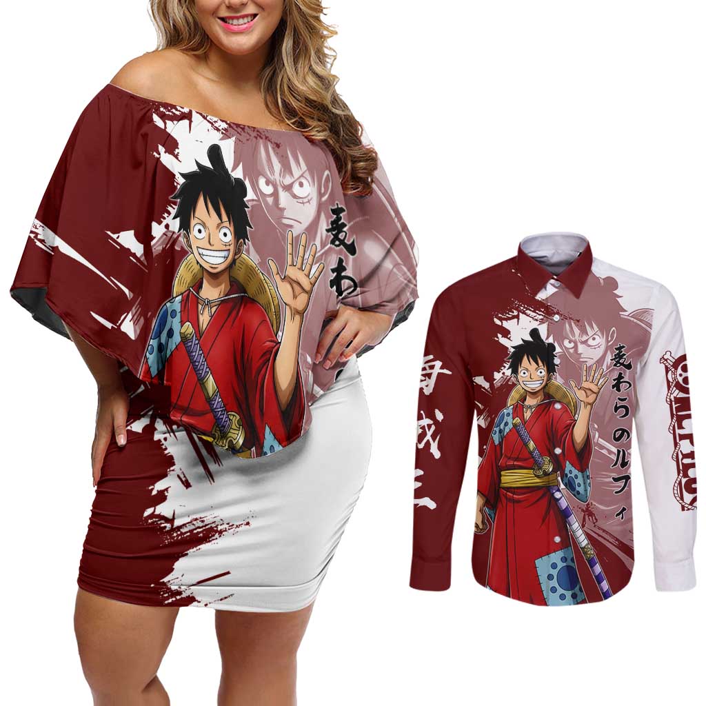 Wano Samurai Luffy Couples Matching Off Shoulder Short Dress and Long Sleeve Button Shirt One Piece Warrior Straw Hat