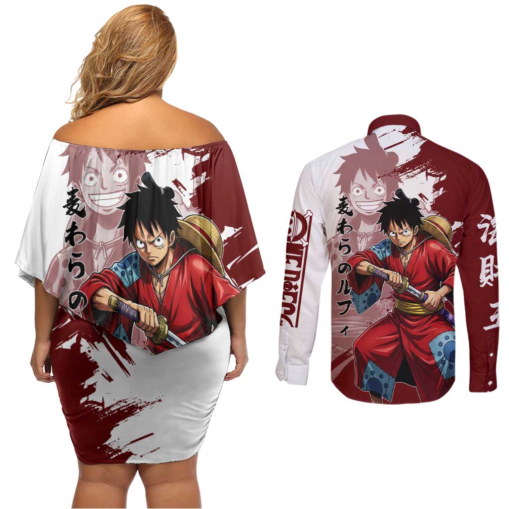 Wano Samurai Luffy Couples Matching Off Shoulder Short Dress and Long Sleeve Button Shirt One Piece Warrior Straw Hat