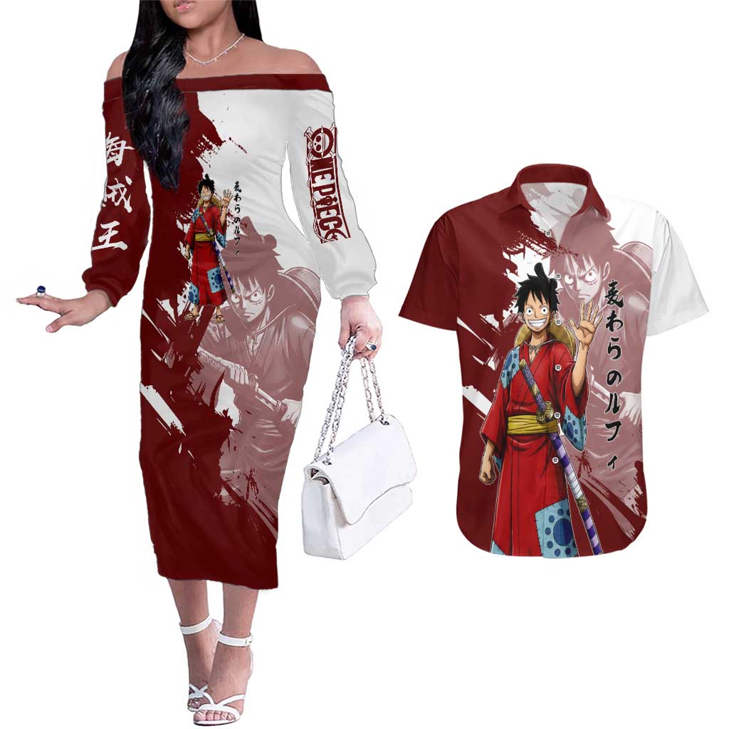 Wano Samurai Luffy Couples Matching Off The Shoulder Long Sleeve Dress and Hawaiian Shirt One Piece Warrior Straw Hat
