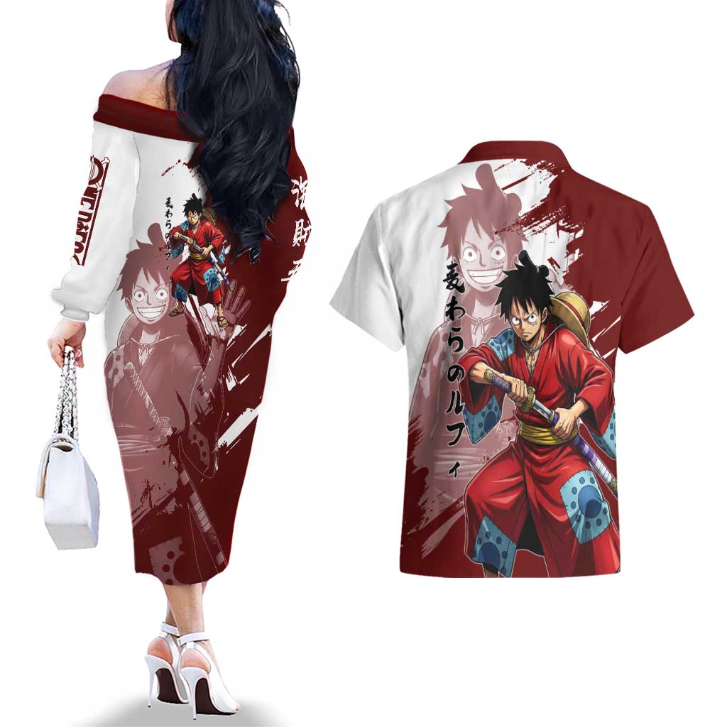 Wano Samurai Luffy Couples Matching Off The Shoulder Long Sleeve Dress and Hawaiian Shirt One Piece Warrior Straw Hat