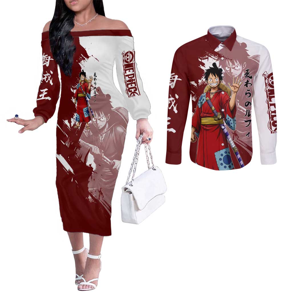 Wano Samurai Luffy Couples Matching Off The Shoulder Long Sleeve Dress and Long Sleeve Button Shirt One Piece Warrior Straw Hat