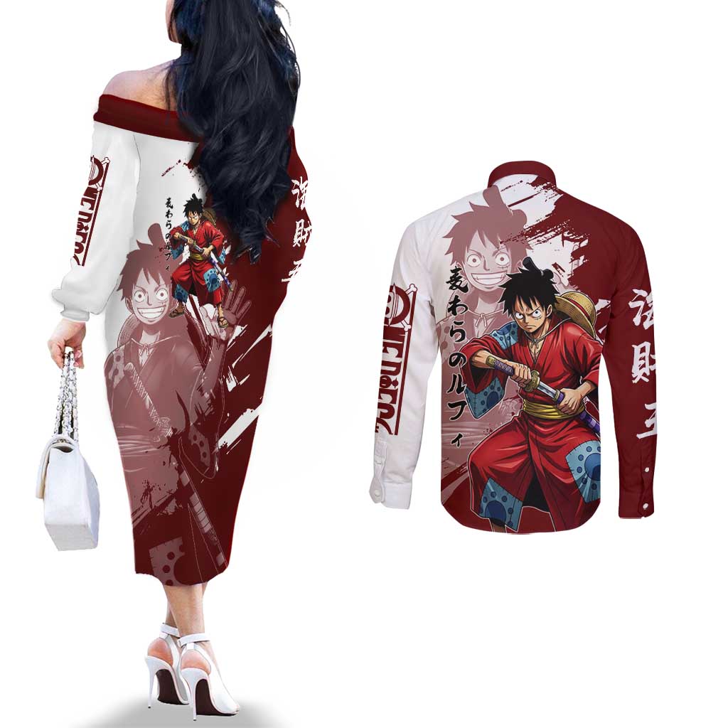 Wano Samurai Luffy Couples Matching Off The Shoulder Long Sleeve Dress and Long Sleeve Button Shirt One Piece Warrior Straw Hat