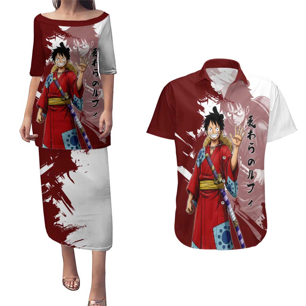 Wano Samurai Luffy Couples Matching Puletasi and Hawaiian Shirt One Piece Warrior Straw Hat