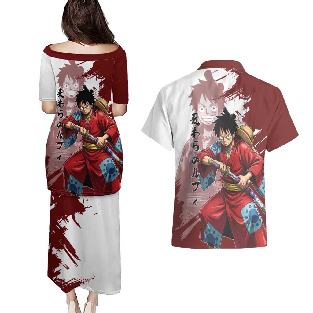 Wano Samurai Luffy Couples Matching Puletasi and Hawaiian Shirt One Piece Warrior Straw Hat