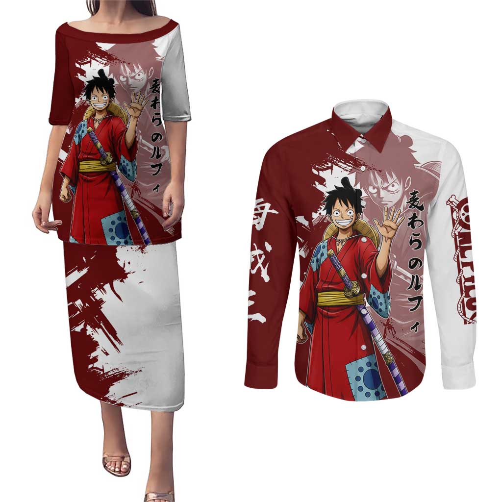 Wano Samurai Luffy Couples Matching Puletasi and Long Sleeve Button Shirt One Piece Warrior Straw Hat