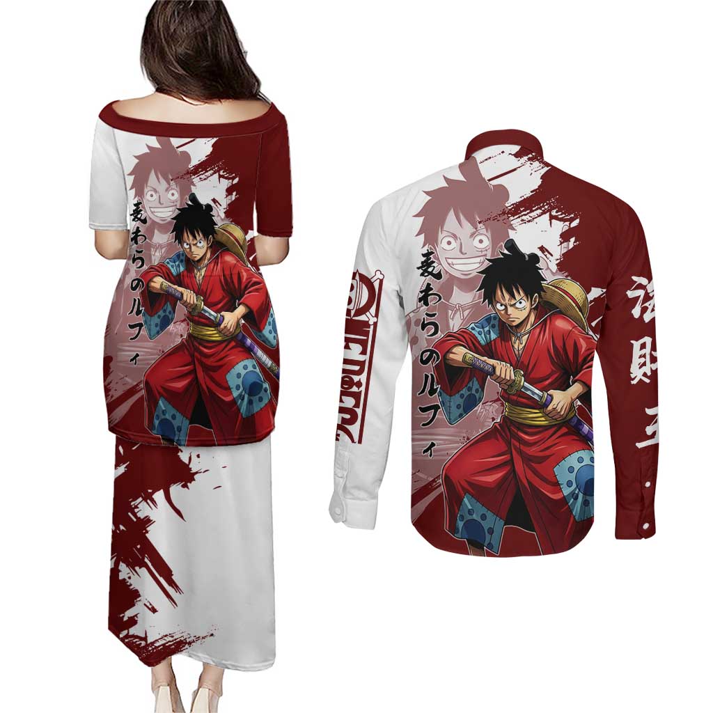 Wano Samurai Luffy Couples Matching Puletasi and Long Sleeve Button Shirt One Piece Warrior Straw Hat