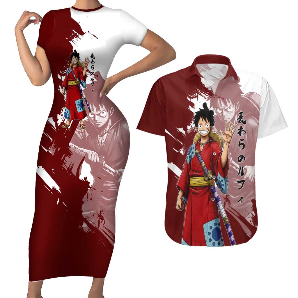 Wano Samurai Luffy Couples Matching Short Sleeve Bodycon Dress and Hawaiian Shirt One Piece Warrior Straw Hat