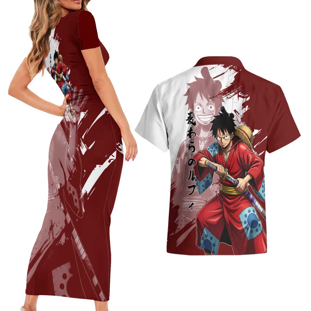 Wano Samurai Luffy Couples Matching Short Sleeve Bodycon Dress and Hawaiian Shirt One Piece Warrior Straw Hat