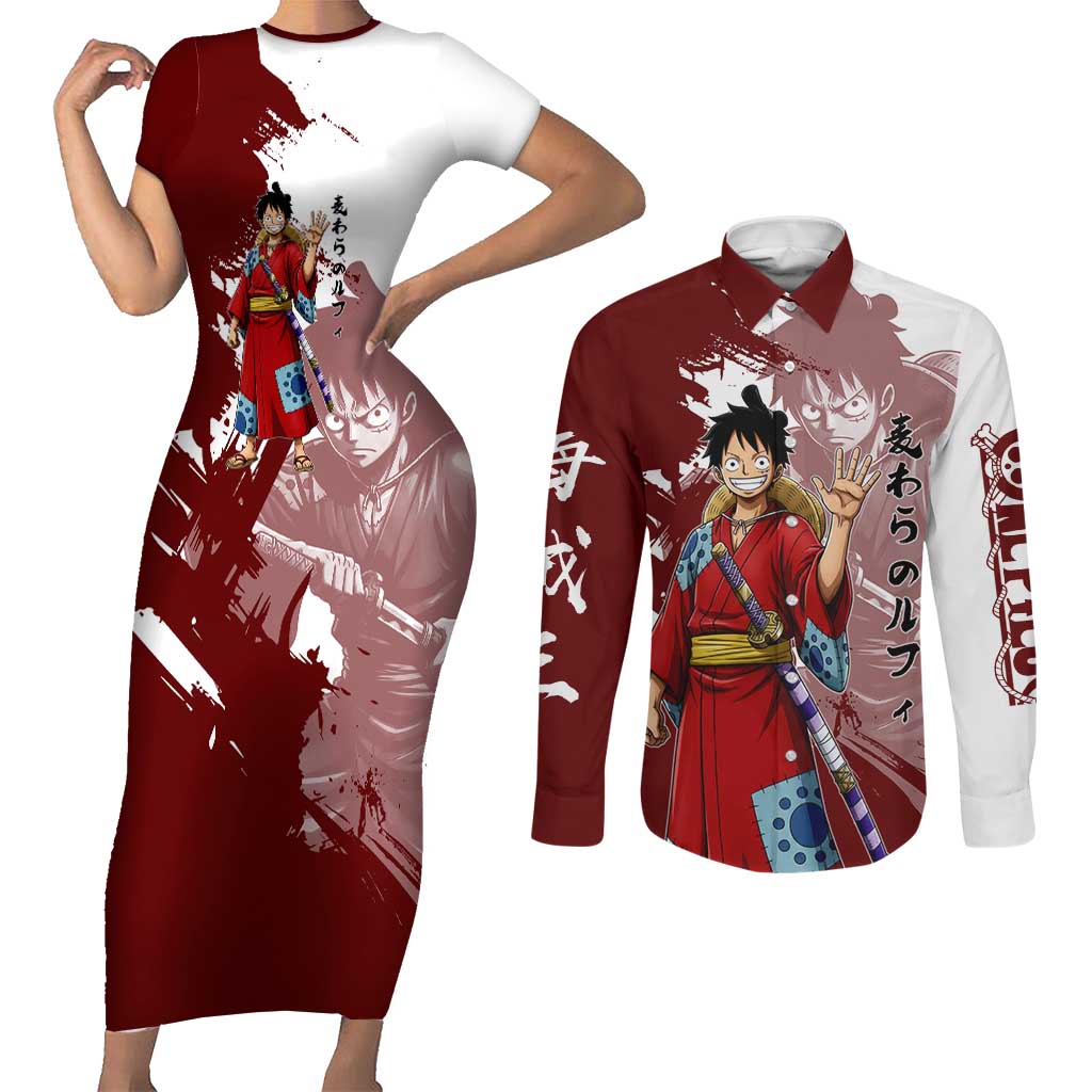 Wano Samurai Luffy Couples Matching Short Sleeve Bodycon Dress and Long Sleeve Button Shirt One Piece Warrior Straw Hat