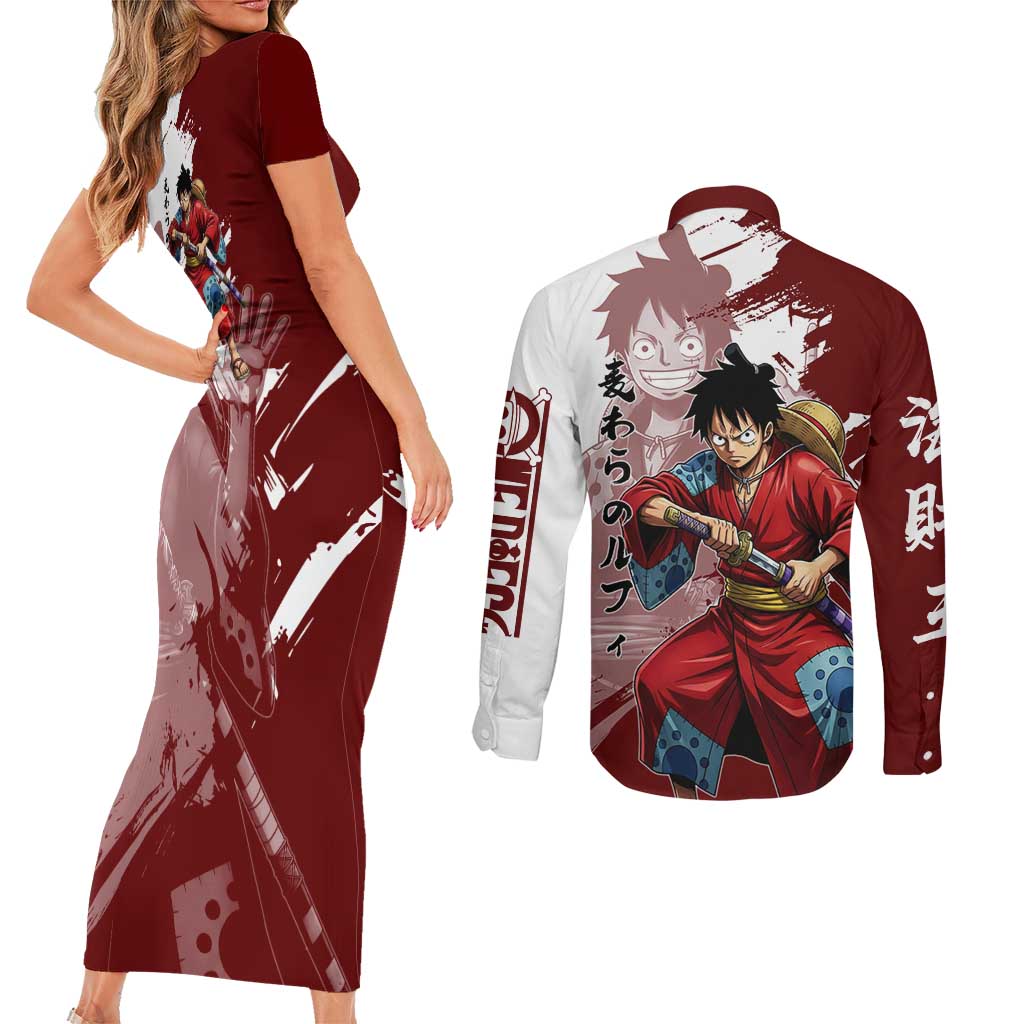 Wano Samurai Luffy Couples Matching Short Sleeve Bodycon Dress and Long Sleeve Button Shirt One Piece Warrior Straw Hat