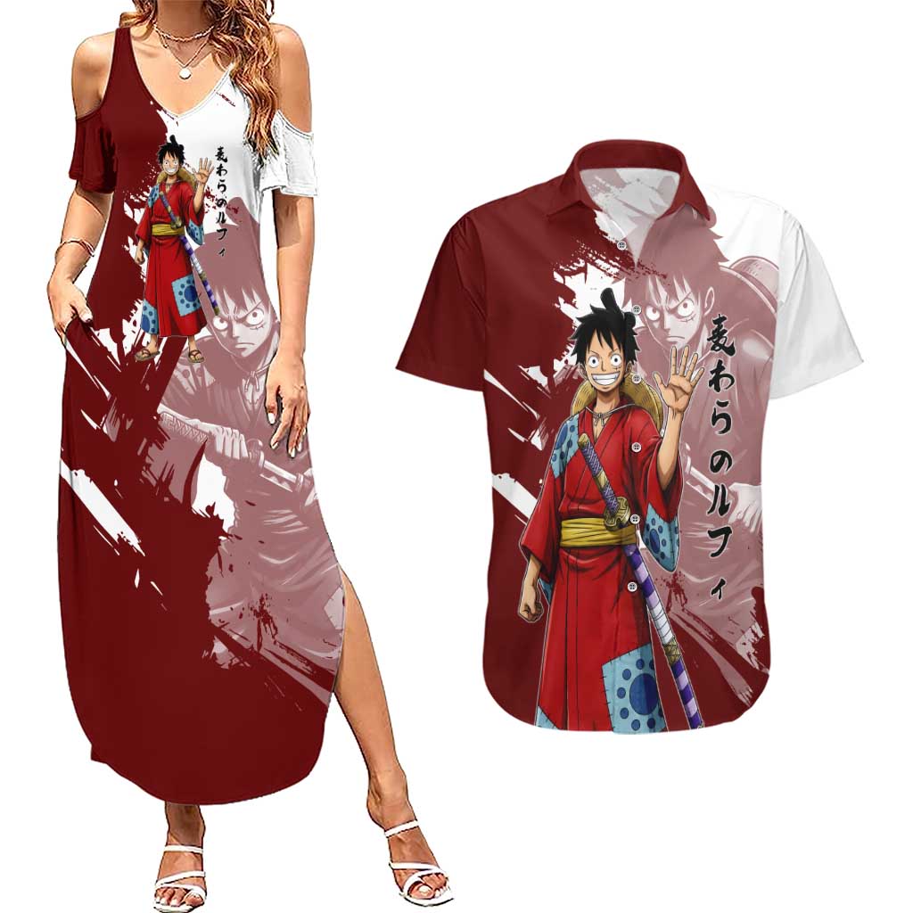 Wano Samurai Luffy Couples Matching Summer Maxi Dress and Hawaiian Shirt One Piece Warrior Straw Hat