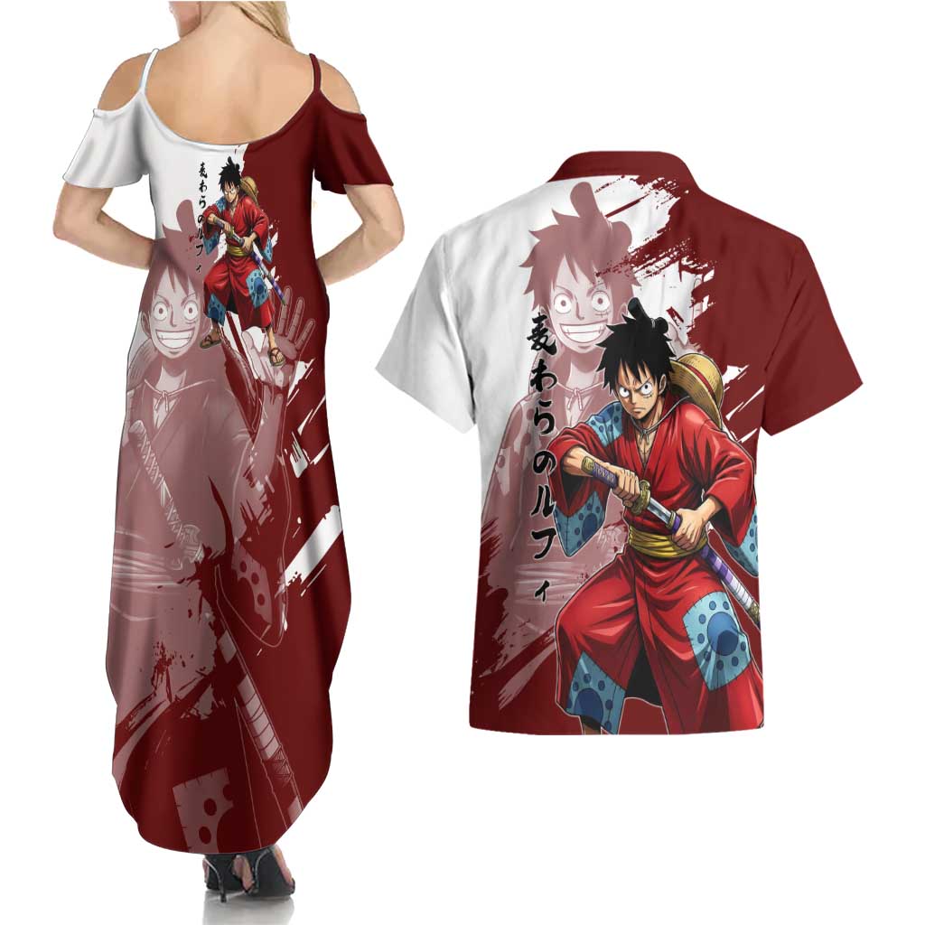 Wano Samurai Luffy Couples Matching Summer Maxi Dress and Hawaiian Shirt One Piece Warrior Straw Hat