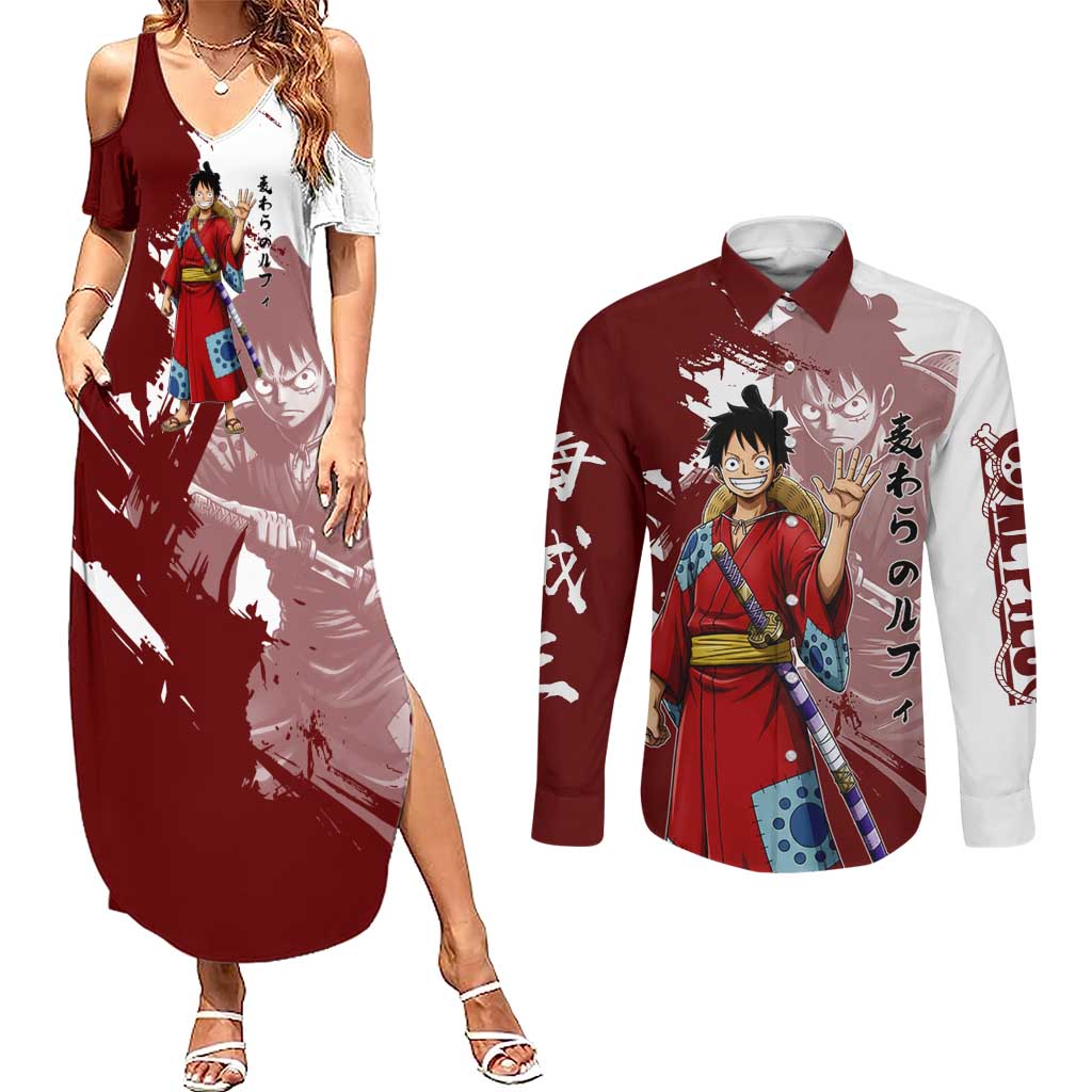 Wano Samurai Luffy Couples Matching Summer Maxi Dress and Long Sleeve Button Shirt One Piece Warrior Straw Hat