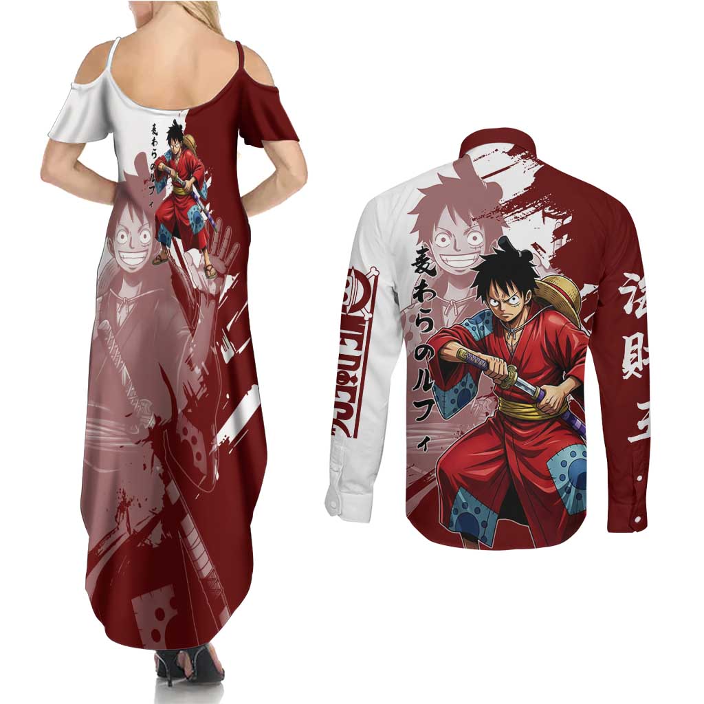 Wano Samurai Luffy Couples Matching Summer Maxi Dress and Long Sleeve Button Shirt One Piece Warrior Straw Hat