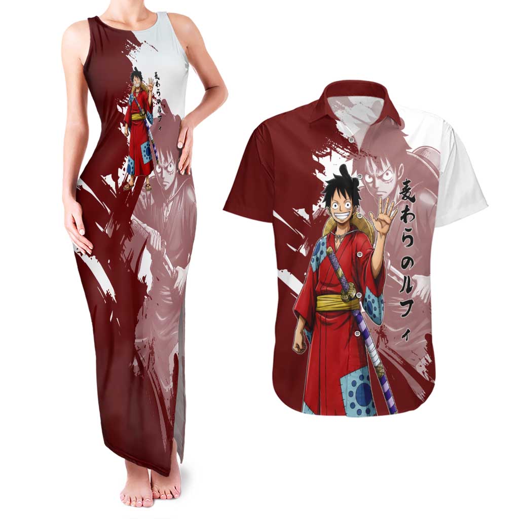 Wano Samurai Luffy Couples Matching Tank Maxi Dress and Hawaiian Shirt One Piece Warrior Straw Hat
