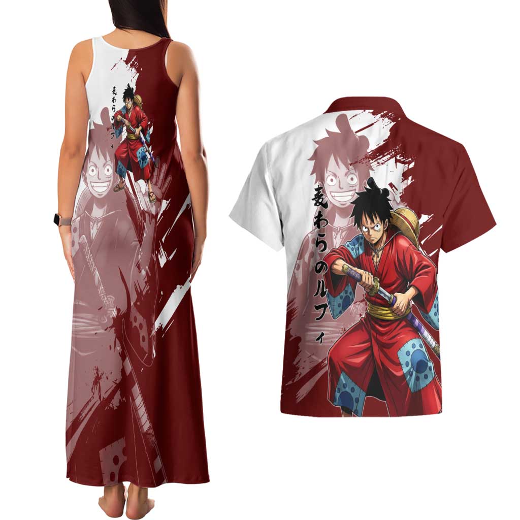 Wano Samurai Luffy Couples Matching Tank Maxi Dress and Hawaiian Shirt One Piece Warrior Straw Hat