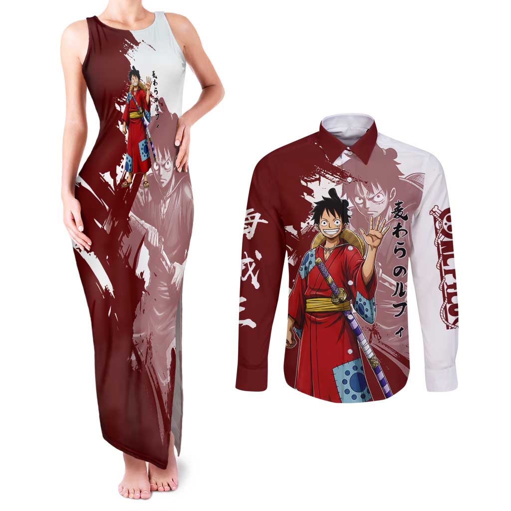 Wano Samurai Luffy Couples Matching Tank Maxi Dress and Long Sleeve Button Shirt One Piece Warrior Straw Hat