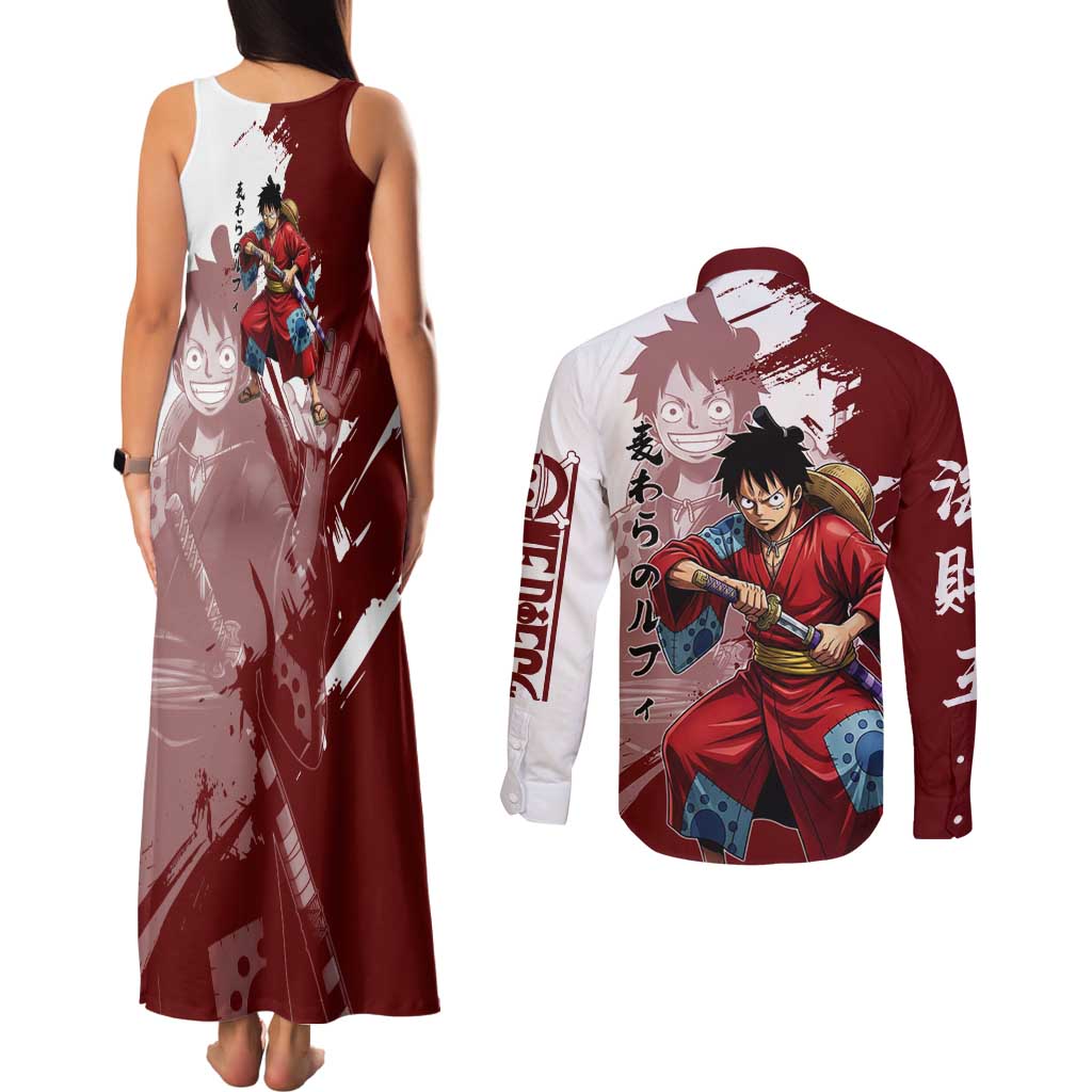 Wano Samurai Luffy Couples Matching Tank Maxi Dress and Long Sleeve Button Shirt One Piece Warrior Straw Hat