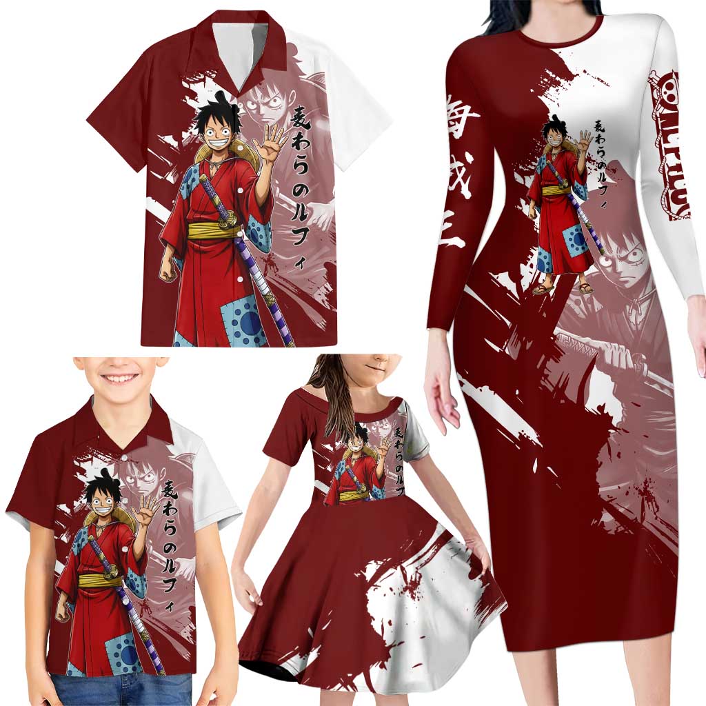 Wano Samurai Luffy Family Matching Long Sleeve Bodycon Dress and Hawaiian Shirt One Piece Warrior Straw Hat