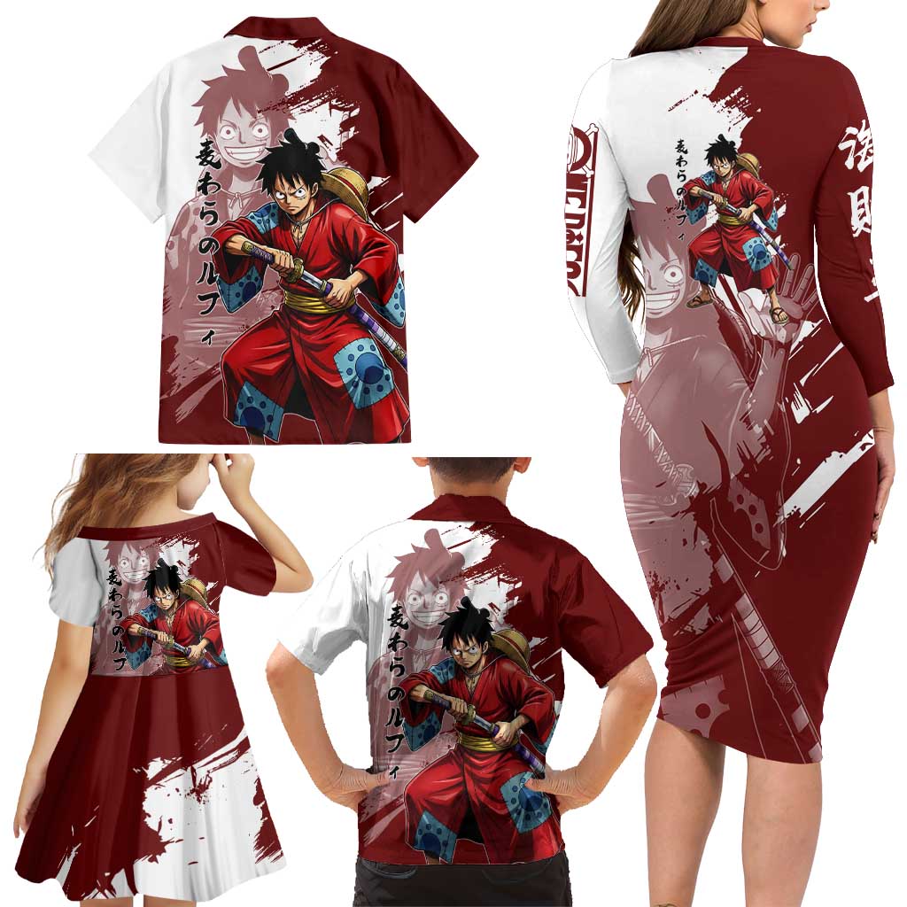 Wano Samurai Luffy Family Matching Long Sleeve Bodycon Dress and Hawaiian Shirt One Piece Warrior Straw Hat