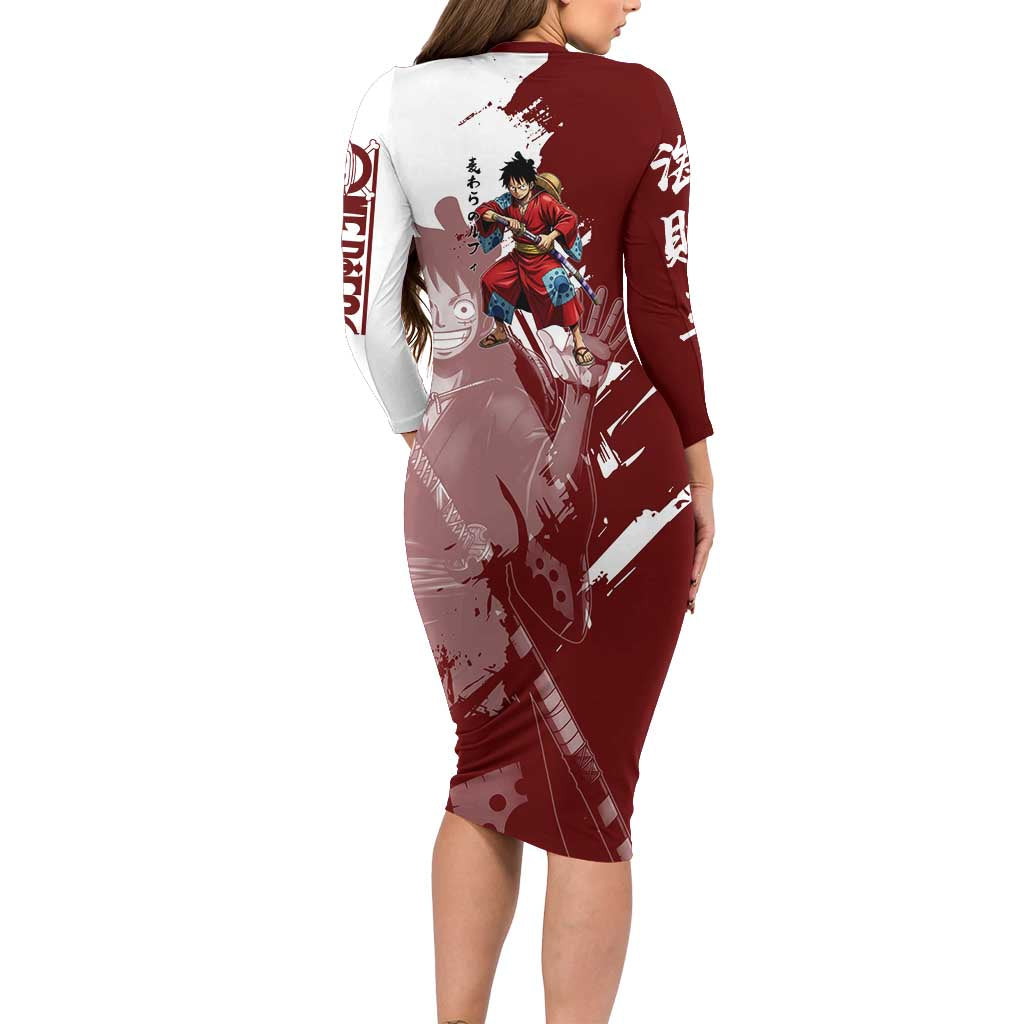Wano Samurai Luffy Family Matching Long Sleeve Bodycon Dress and Hawaiian Shirt One Piece Warrior Straw Hat