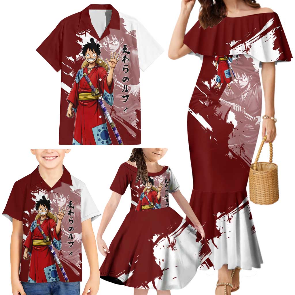 Wano Samurai Luffy Family Matching Mermaid Dress and Hawaiian Shirt One Piece Warrior Straw Hat