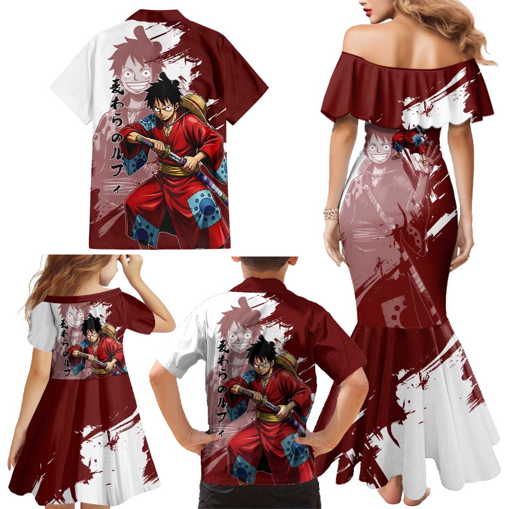 Wano Samurai Luffy Family Matching Mermaid Dress and Hawaiian Shirt One Piece Warrior Straw Hat