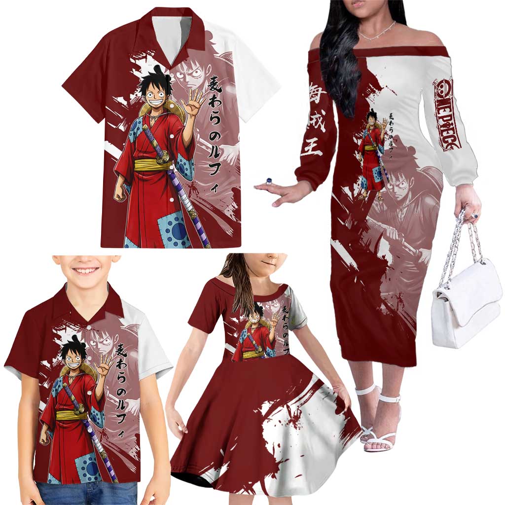 Wano Samurai Luffy Family Matching Off The Shoulder Long Sleeve Dress and Hawaiian Shirt One Piece Warrior Straw Hat