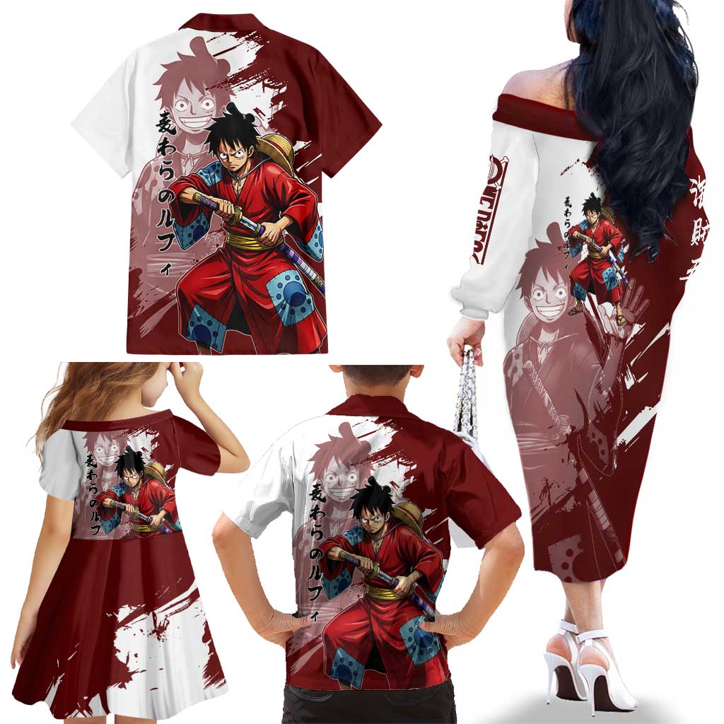 Wano Samurai Luffy Family Matching Off The Shoulder Long Sleeve Dress and Hawaiian Shirt One Piece Warrior Straw Hat