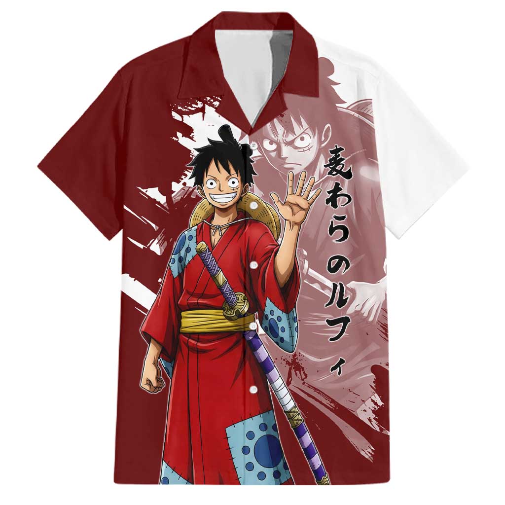 Wano Samurai Luffy Family Matching Off The Shoulder Long Sleeve Dress and Hawaiian Shirt One Piece Warrior Straw Hat