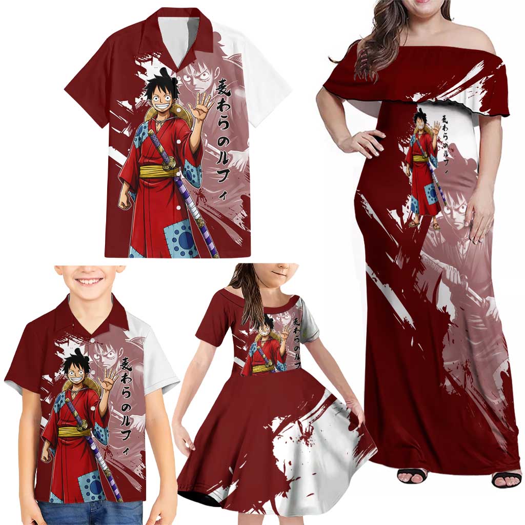 Wano Samurai Luffy Family Matching Off Shoulder Maxi Dress and Hawaiian Shirt One Piece Warrior Straw Hat