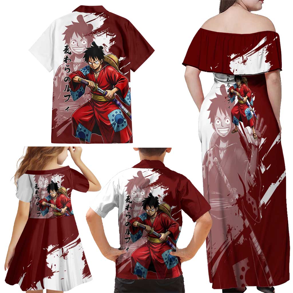 Wano Samurai Luffy Family Matching Off Shoulder Maxi Dress and Hawaiian Shirt One Piece Warrior Straw Hat