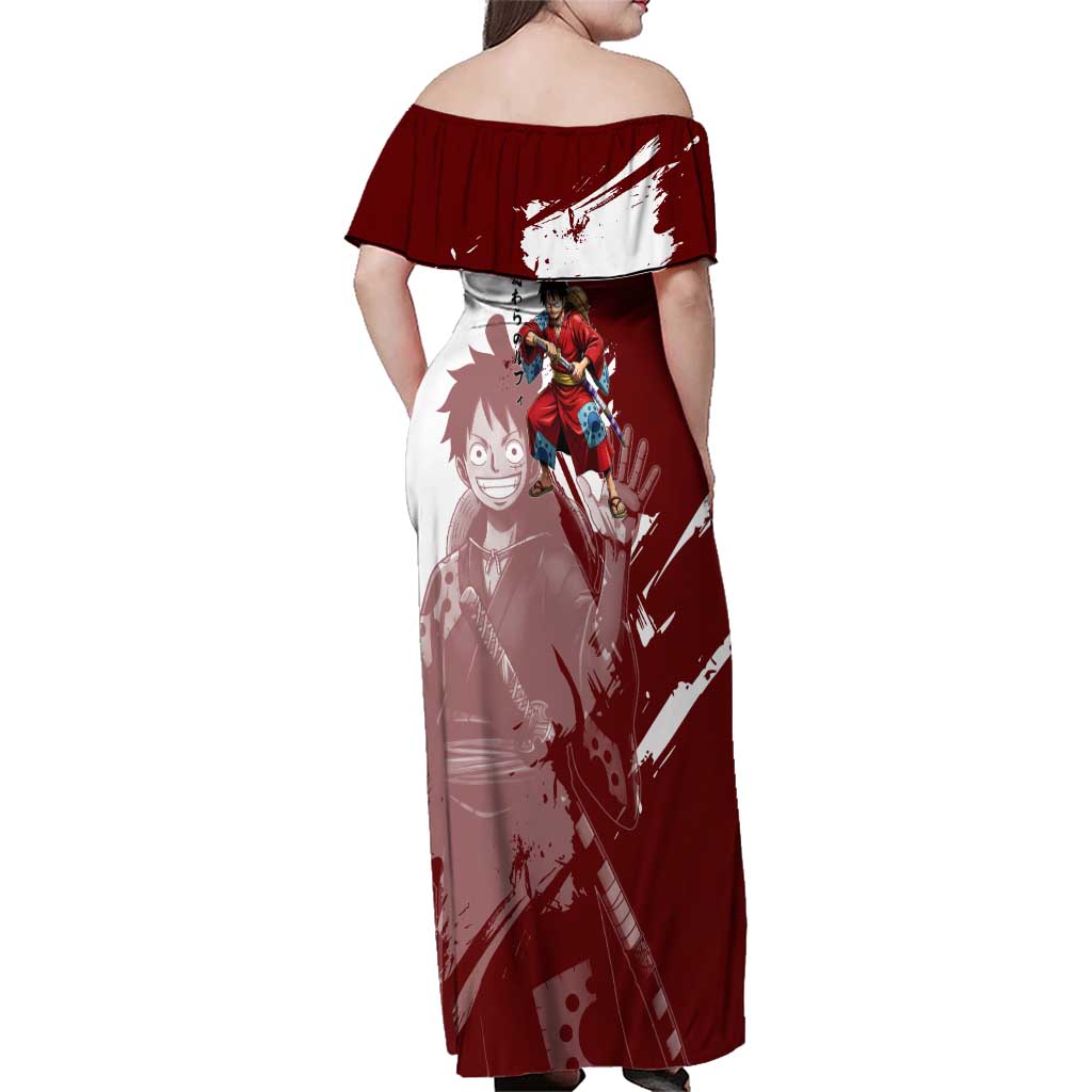 Wano Samurai Luffy Family Matching Off Shoulder Maxi Dress and Hawaiian Shirt One Piece Warrior Straw Hat