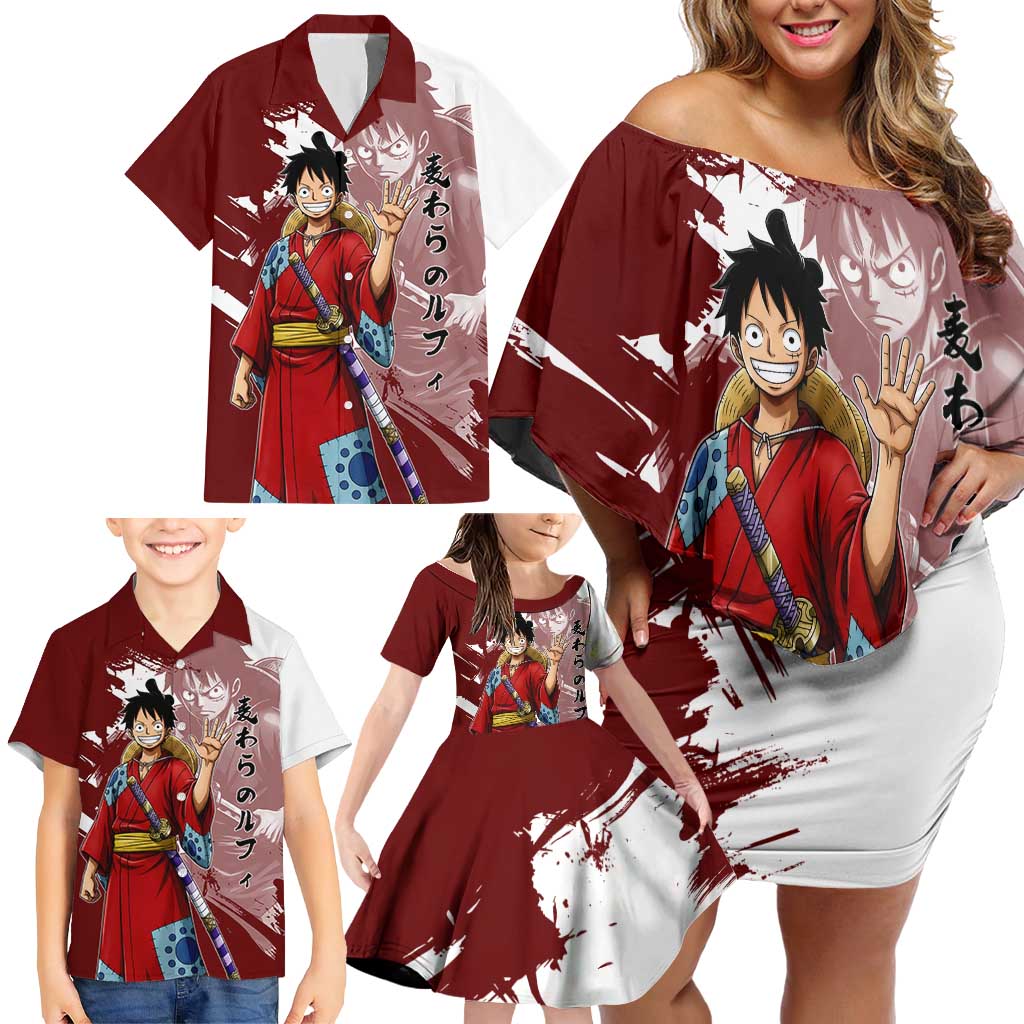 Wano Samurai Luffy Family Matching Off Shoulder Short Dress and Hawaiian Shirt One Piece Warrior Straw Hat