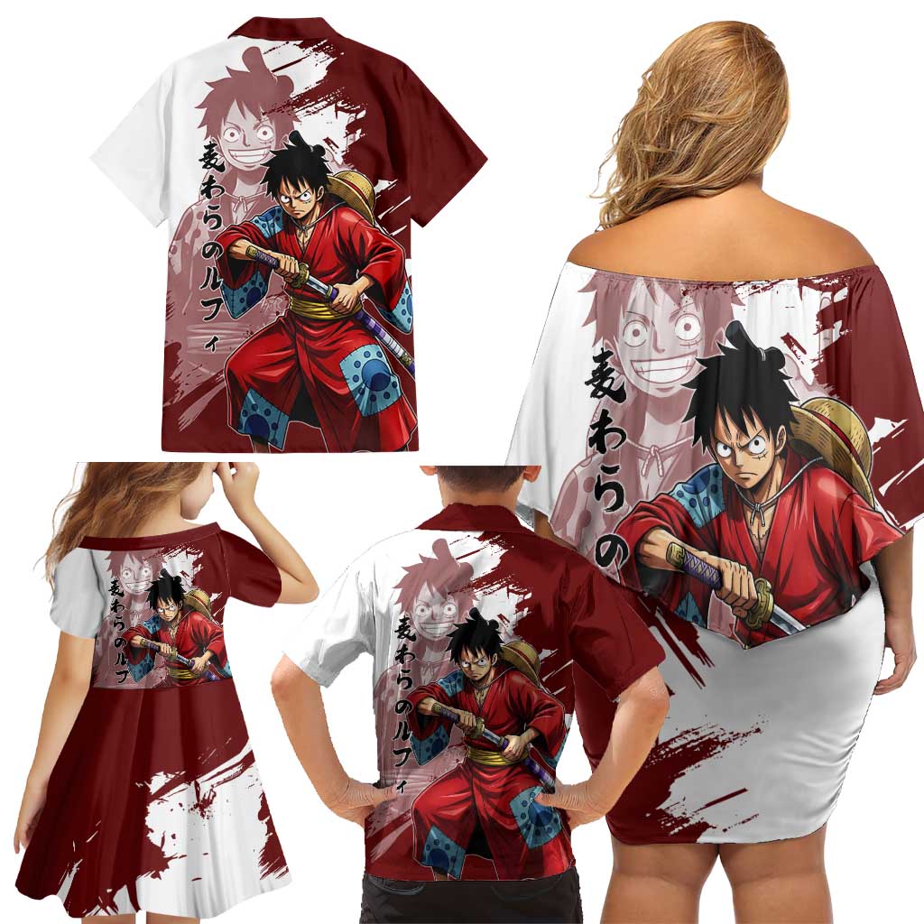 Wano Samurai Luffy Family Matching Off Shoulder Short Dress and Hawaiian Shirt One Piece Warrior Straw Hat