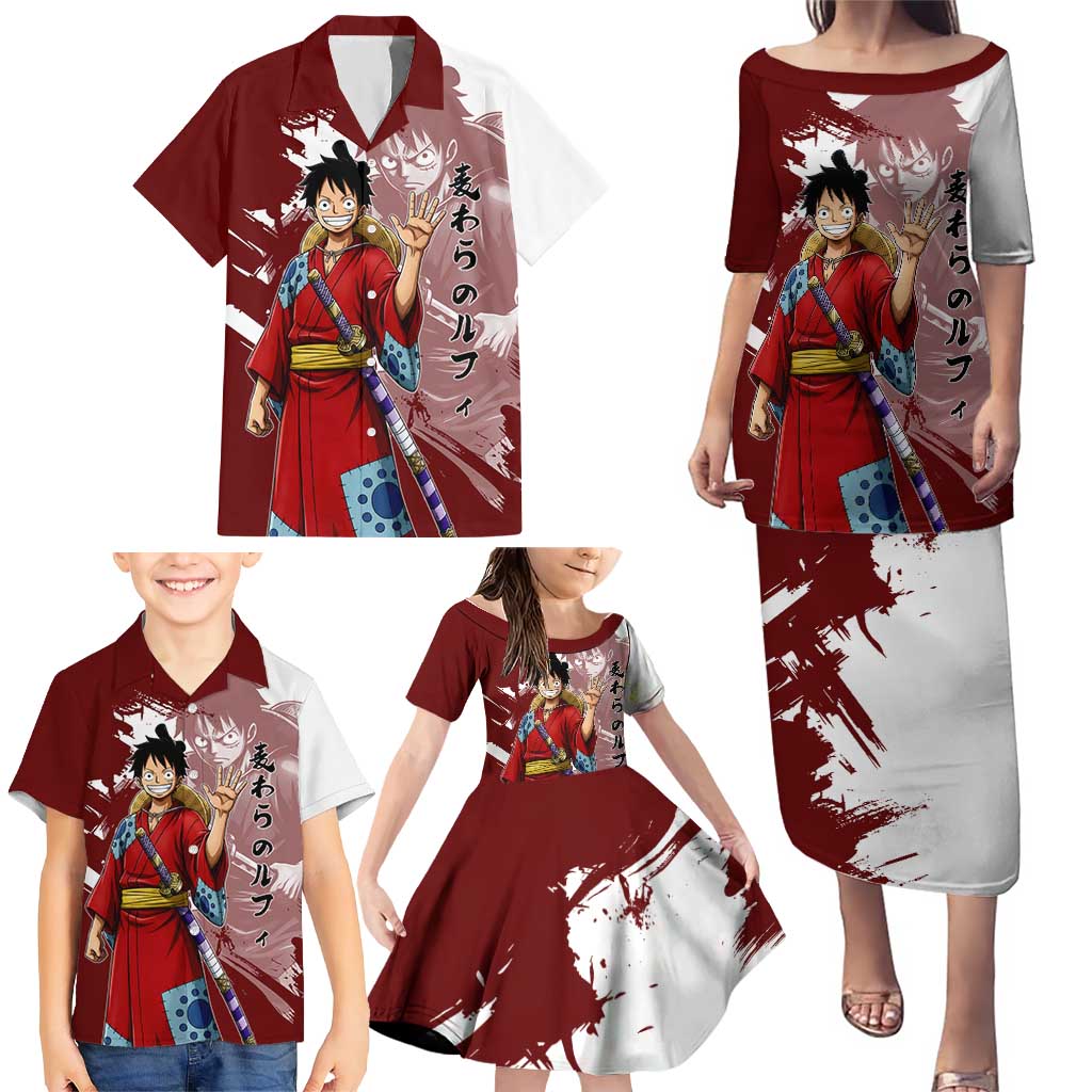 Wano Samurai Luffy Family Matching Puletasi and Hawaiian Shirt One Piece Warrior Straw Hat